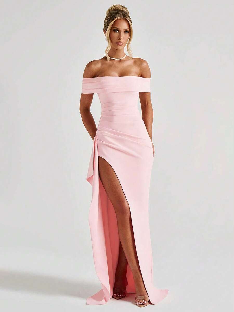 ROSALÉA – Off-Shoulder Bodycon A-Line Maxi Dress with Slit