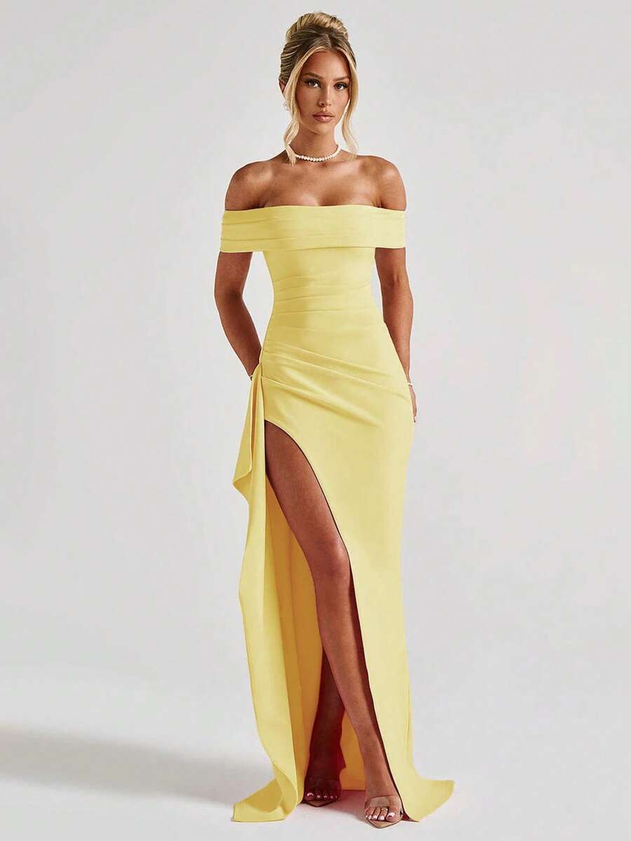 ROSALÉA – Off-Shoulder Bodycon A-Line Maxi Dress with Slit