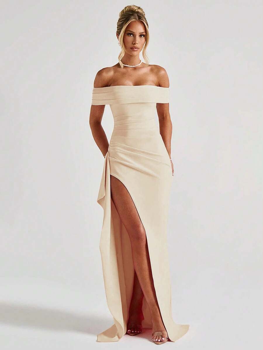ROSALÉA – Off-Shoulder Bodycon A-Line Maxi Dress with Slit
