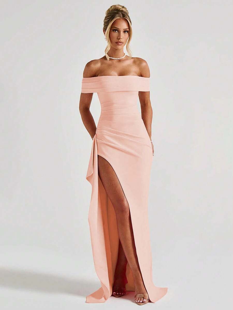 ROSALÉA – Off-Shoulder Bodycon A-Line Maxi Dress with Slit