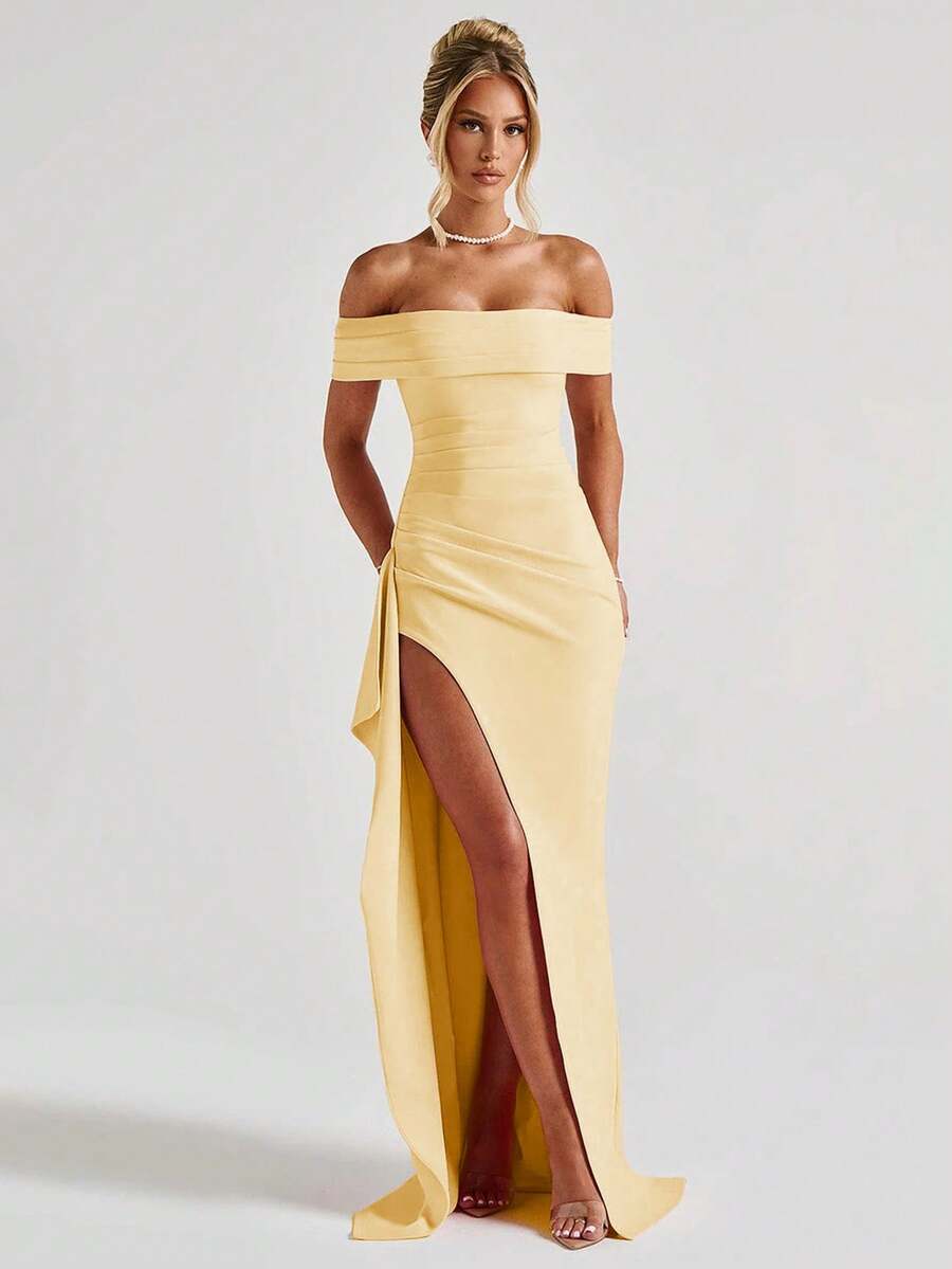 ROSALÉA – Off-Shoulder Bodycon A-Line Maxi Dress with Slit