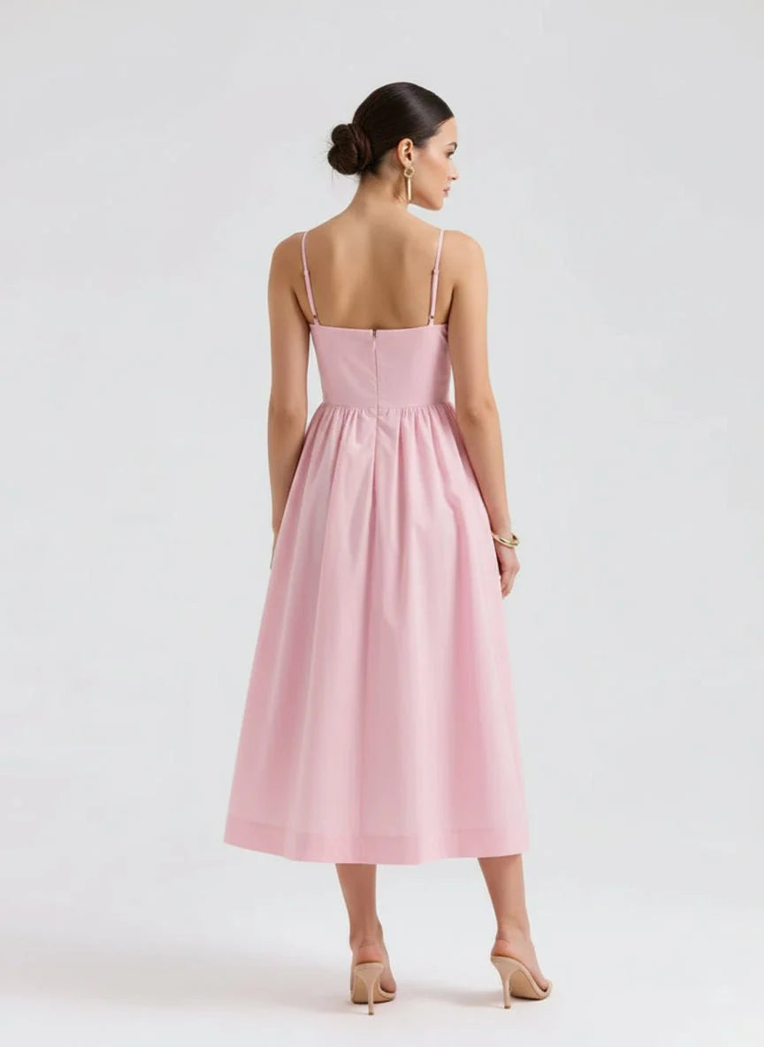 Spaghetti Strap A-Line Midi Dress Women Gathered Skirt