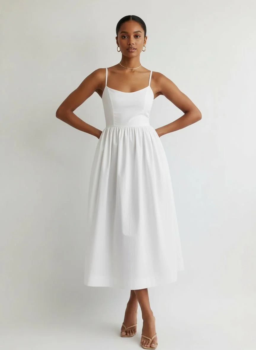 Spaghetti Strap A-Line Midi Dress Women Gathered Skirt
