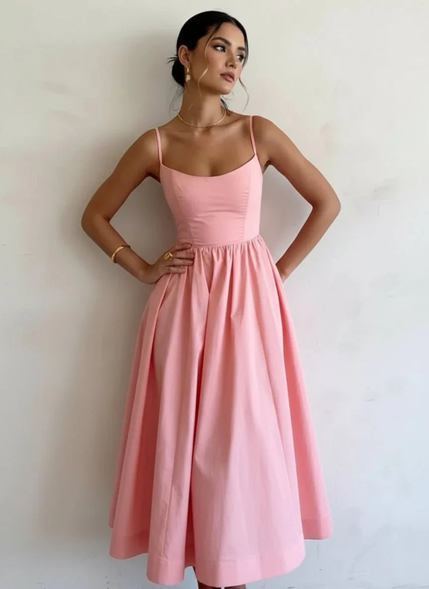 Spaghetti Strap A-Line Midi Dress Women Gathered Skirt