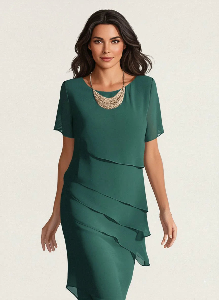 Tiered Chiffon Dress Women Short Sleeve Asymmetric Layers