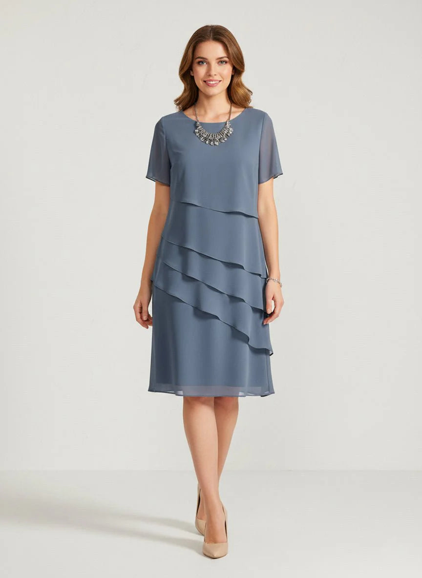Tiered Chiffon Dress Women Short Sleeve Asymmetric Layers