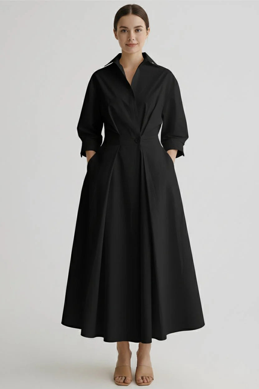 Wrap Collar Midi Dress Women Three-Quarter Sleeves Pleated Skirt