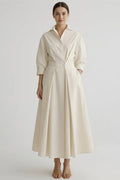 Wrap Collar Midi Dress Women Three-Quarter Sleeves Pleated Skirt