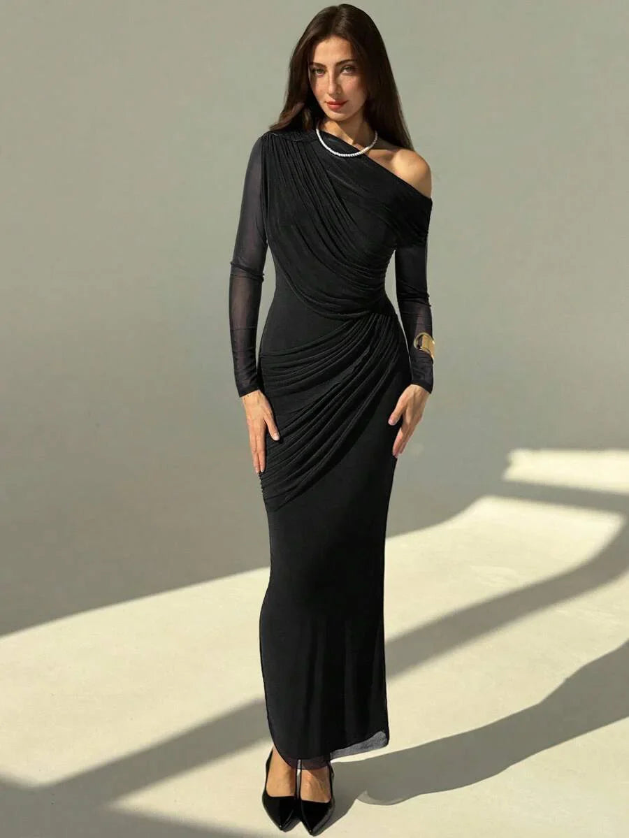 OLVRA - One Shoulder Ruched Mesh Bodycon Maxi Dress