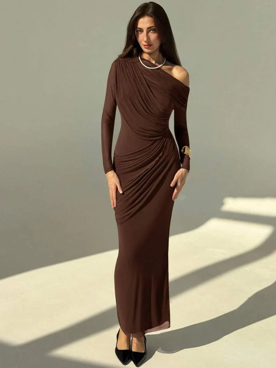 OLVRA - One Shoulder Ruched Mesh Bodycon Maxi Dress