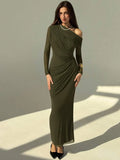 OLVRA - One Shoulder Ruched Mesh Bodycon Maxi Dress