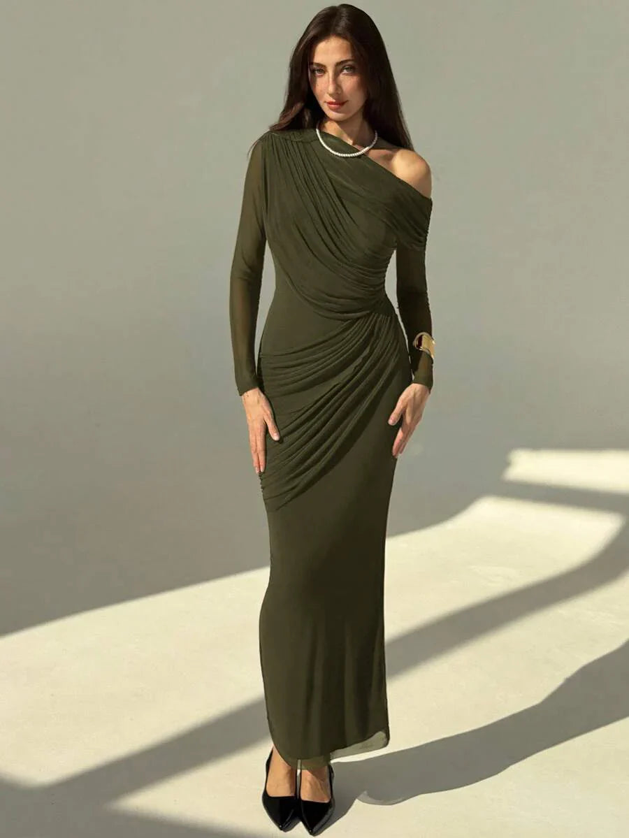 OLVRA - One Shoulder Ruched Mesh Bodycon Maxi Dress