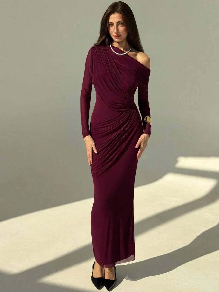OLVRA - One Shoulder Ruched Mesh Bodycon Maxi Dress