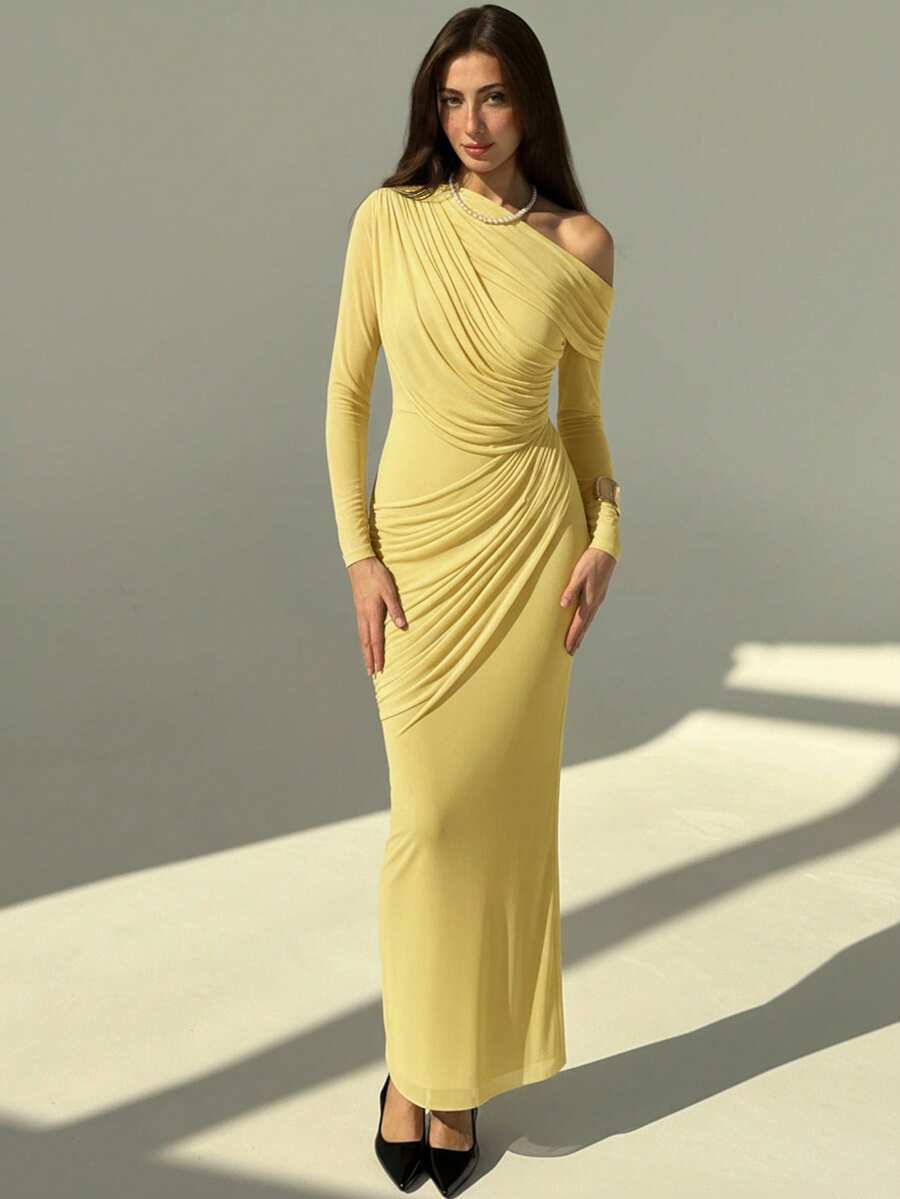 OLVRA - One Shoulder Ruched Mesh Bodycon Maxi Dress