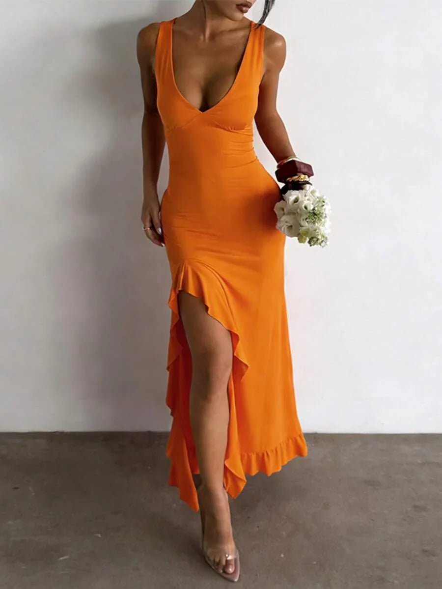 ROUGÉA – Asymmetrical V-Neck Backless Maxi Dress