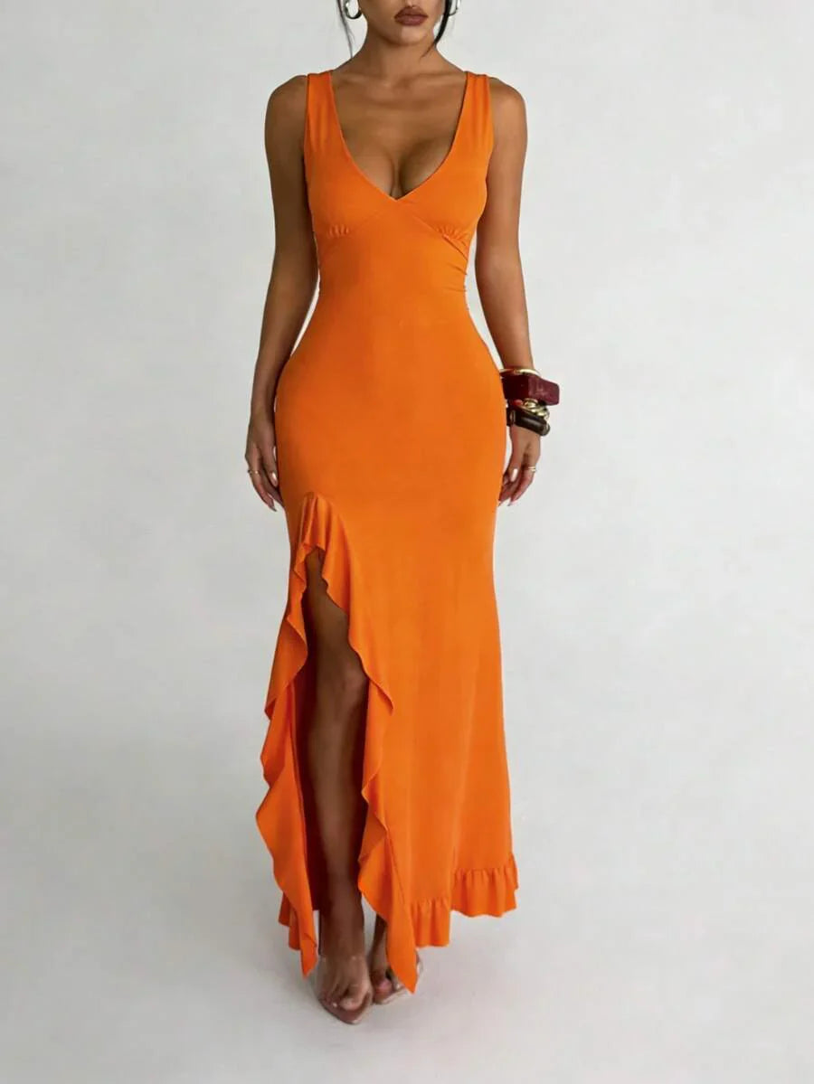 ROUGÉA – Asymmetrical V-Neck Backless Maxi Dress