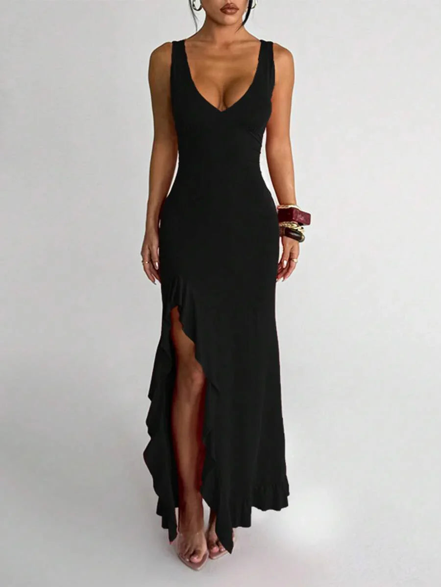 ROSÉVA – Asymmetrical Ruffle Hem V-Neck Maxi Dress