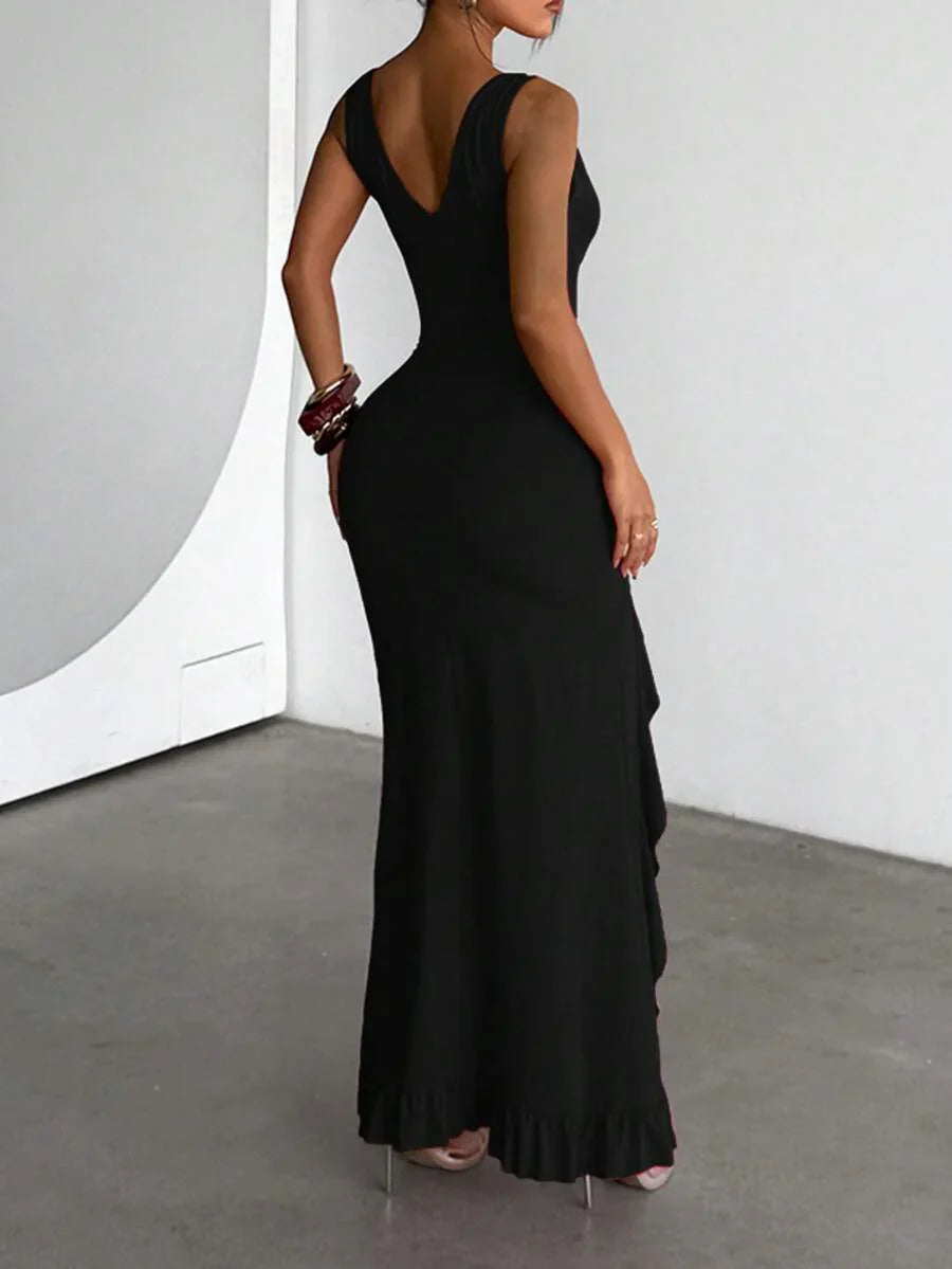 ROSÉVA – Asymmetrical Ruffle Hem V-Neck Maxi Dress