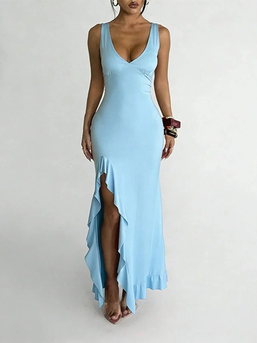 ROUGÉA – Asymmetrical V-Neck Backless Maxi Dress