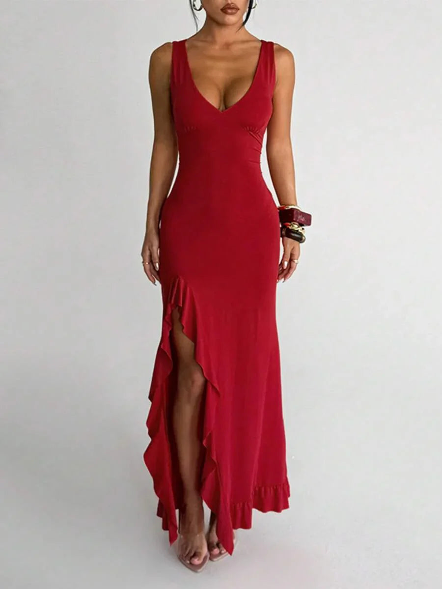 ROUGÉA – Asymmetrical V-Neck Backless Maxi Dress