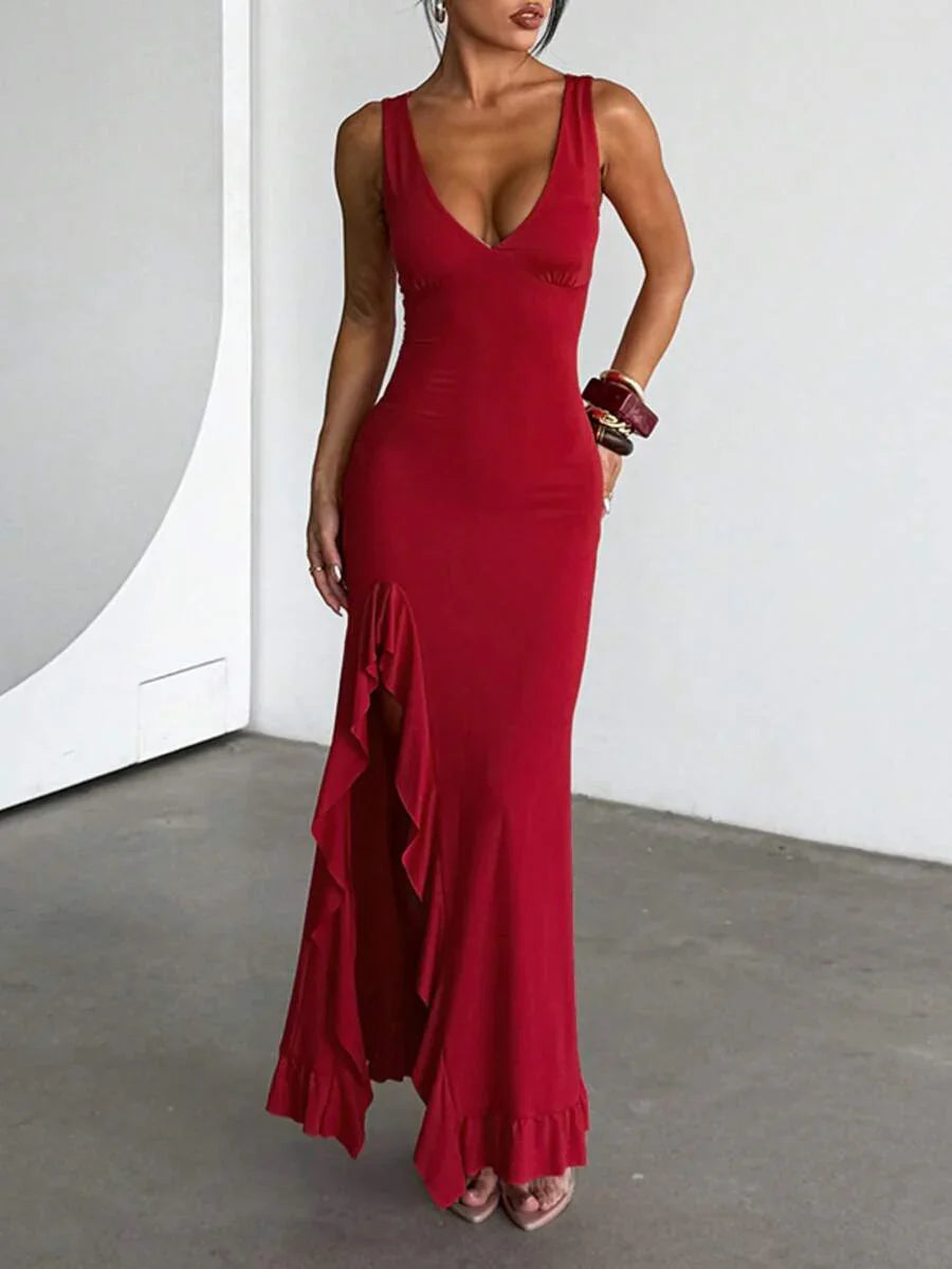 ROUGÉA – Asymmetrical V-Neck Backless Maxi Dress
