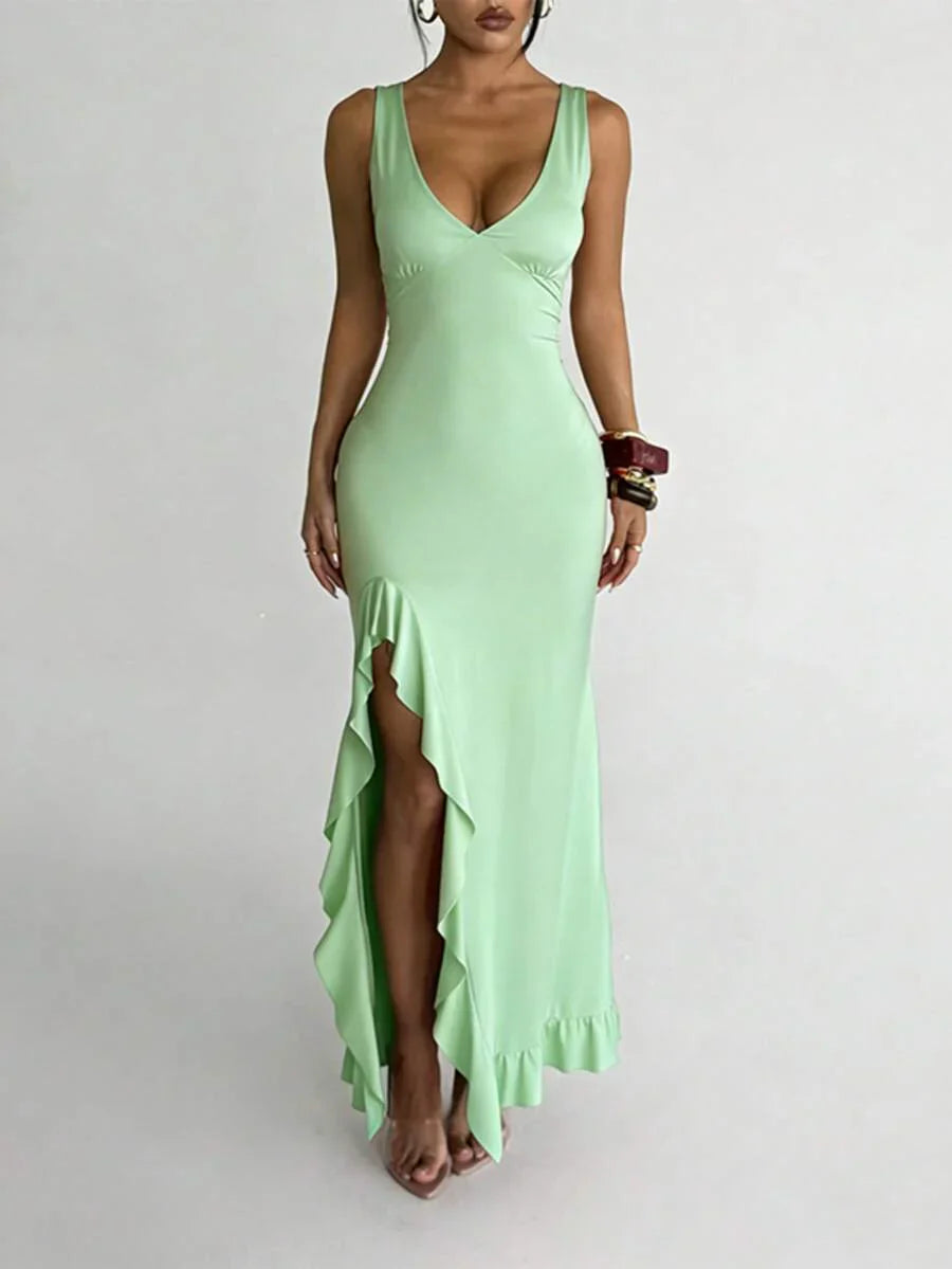 ROSÉVA – Asymmetrical Ruffle Hem V-Neck Maxi Dress