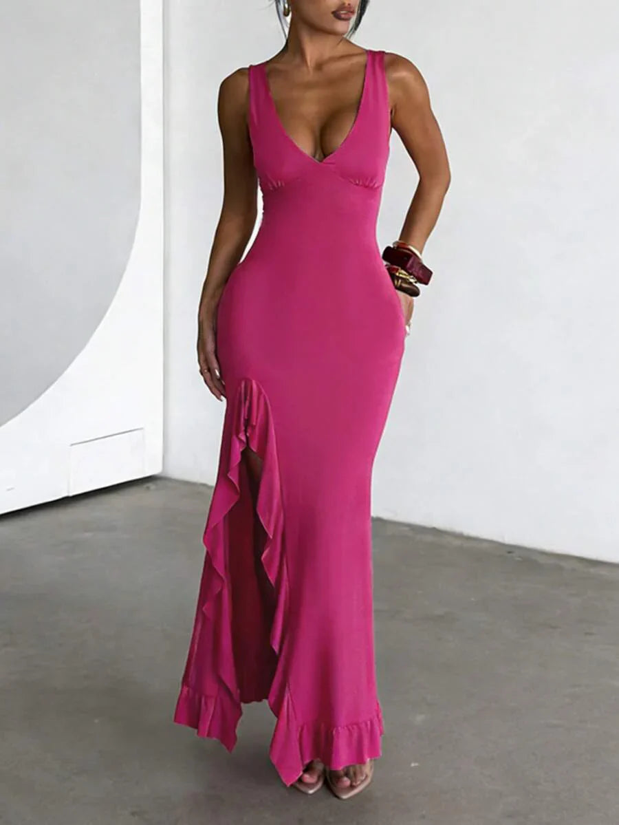 ROSÉVA – Asymmetrical Ruffle Hem V-Neck Maxi Dress