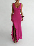 ROSÉVA – Asymmetrical Ruffle Hem V-Neck Maxi Dress