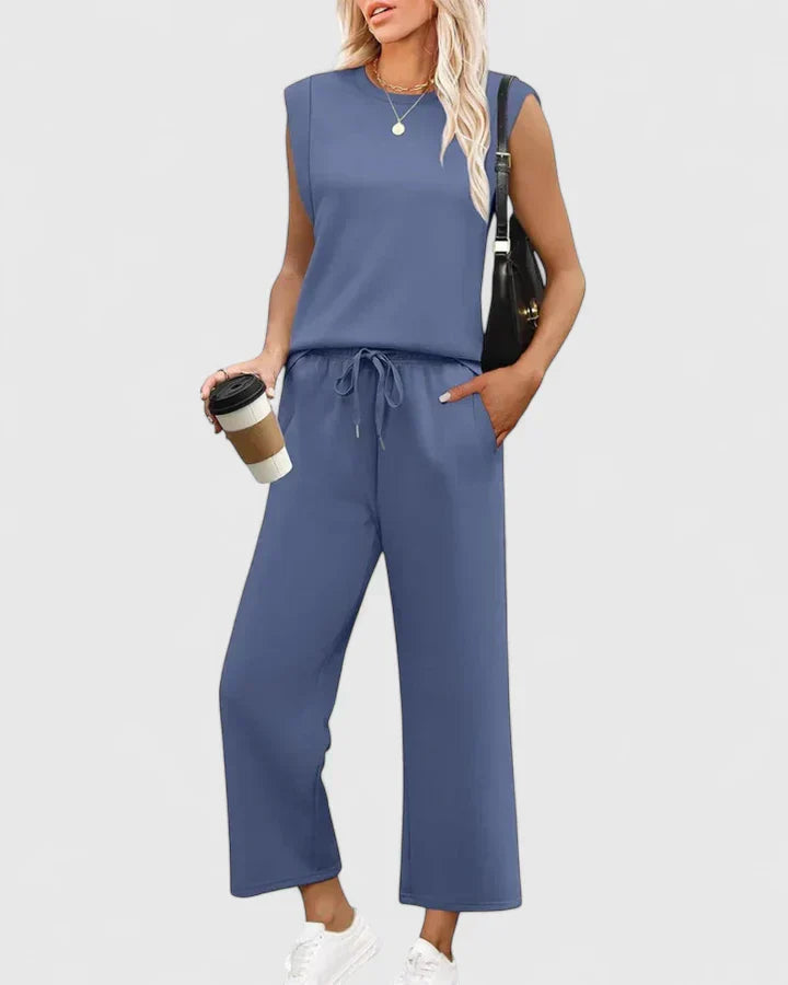 Dusty Blue Knit Tank & Drawstring Wide-Leg Pants Set