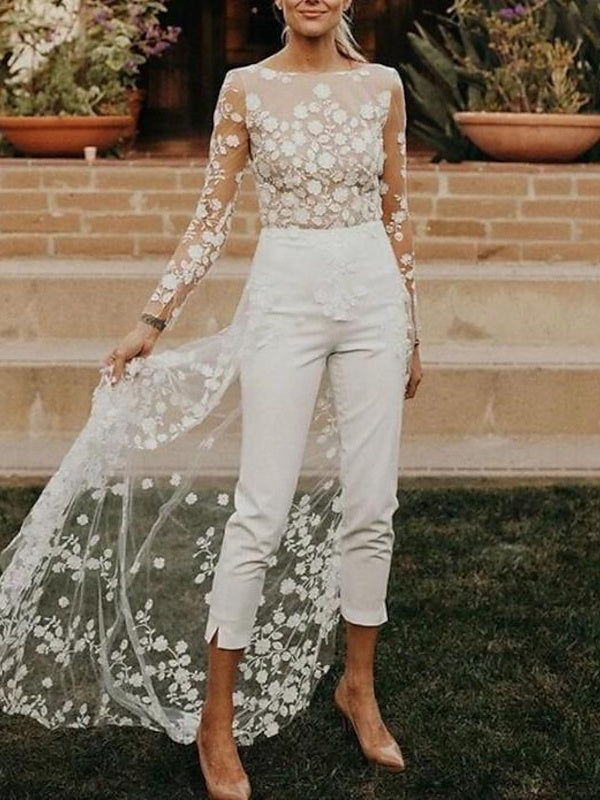 Bridal Jumpsuit Women Sheer Lace Sleeves 3D Floral Train White