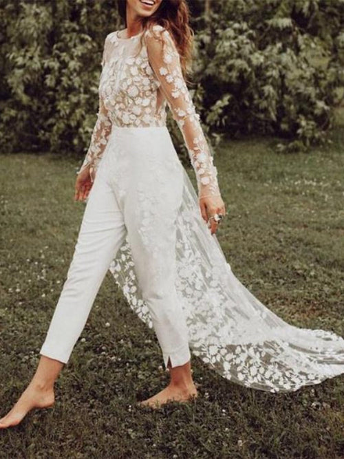 Bridal Jumpsuit Women Sheer Lace Sleeves 3D Floral Train White