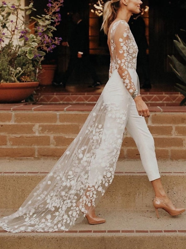 Bridal Jumpsuit Women Sheer Lace Sleeves 3D Floral Train White