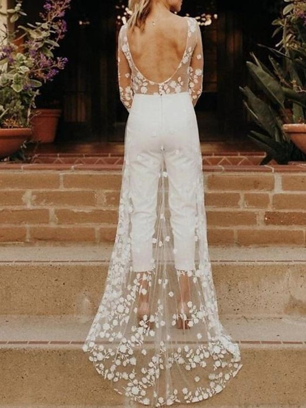 Bridal Jumpsuit Women Sheer Lace Sleeves 3D Floral Train White
