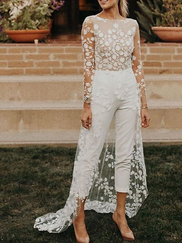Bridal Jumpsuit Women Sheer Lace Sleeves 3D Floral Train White