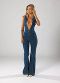 Denim Flare Leg Jumpsuit Women Sleeveless Deep V-Neck