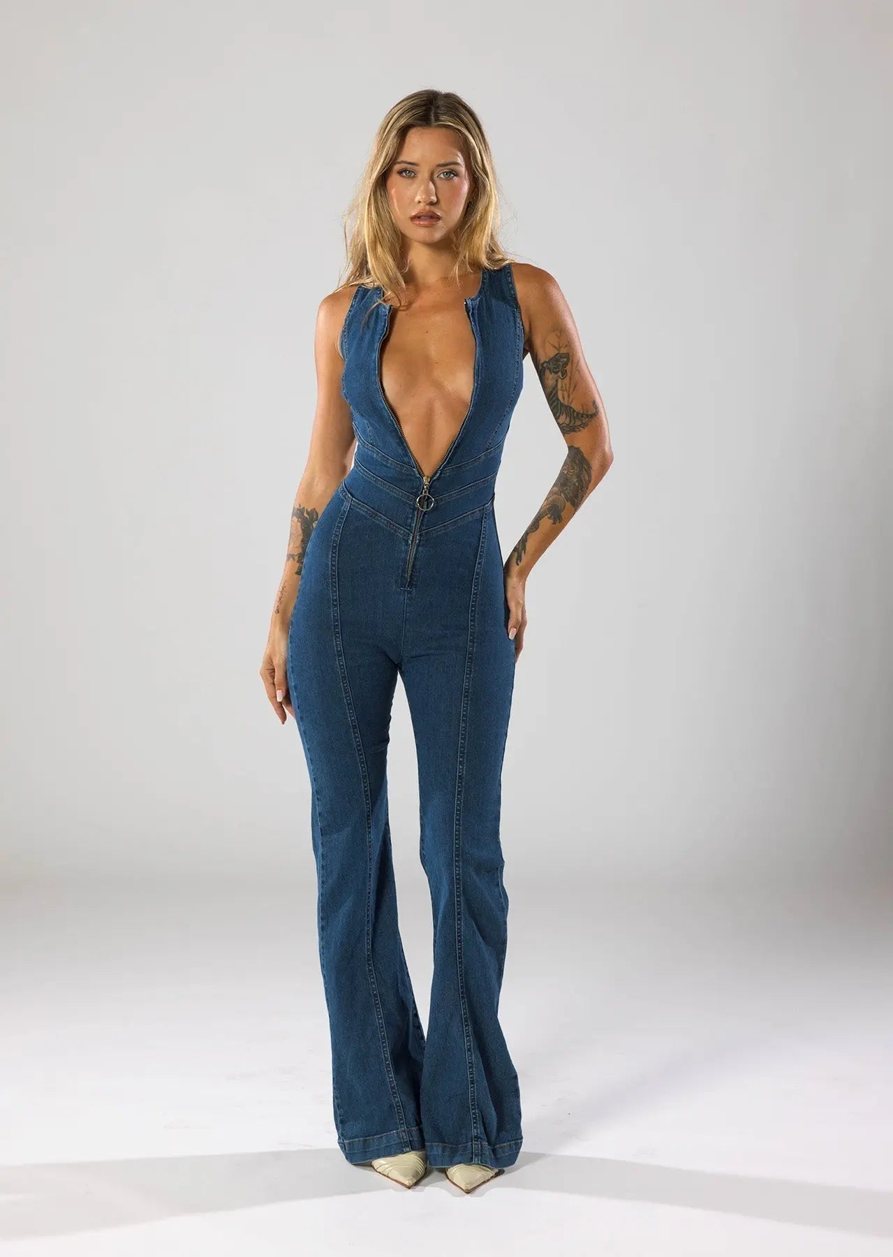 Denim Flare Leg Jumpsuit Women Sleeveless Deep V-Neck