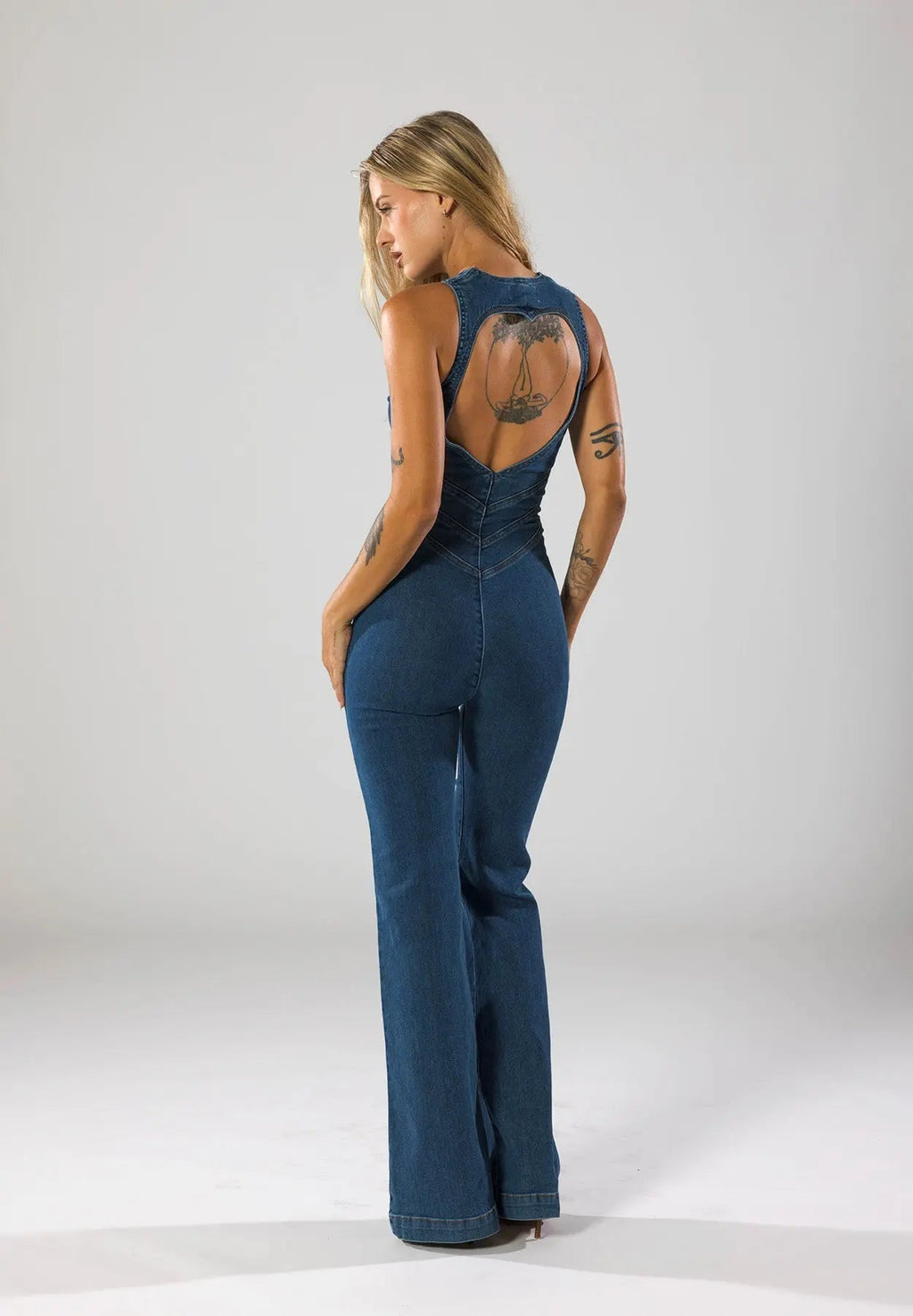 Denim Flare Leg Jumpsuit Women Sleeveless Deep V-Neck