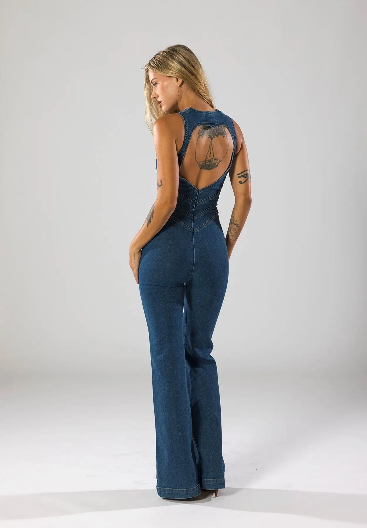 Denim Flare Leg Jumpsuit Women Sleeveless Deep V-Neck