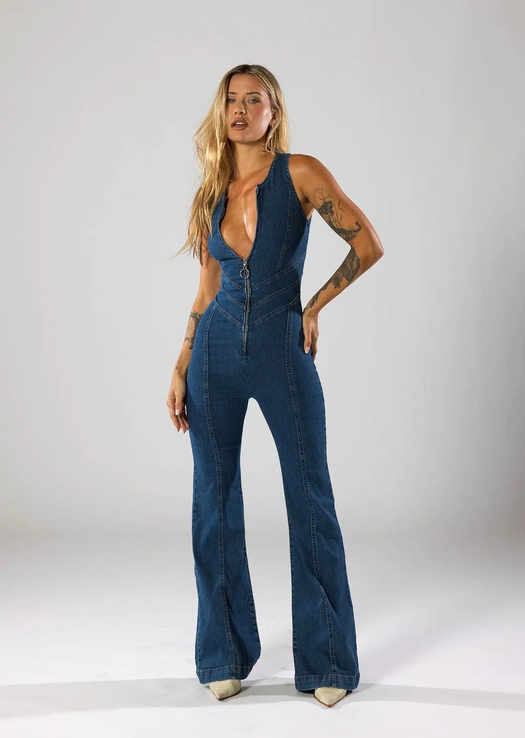 Denim Flare Leg Jumpsuit Women Sleeveless Deep V-Neck