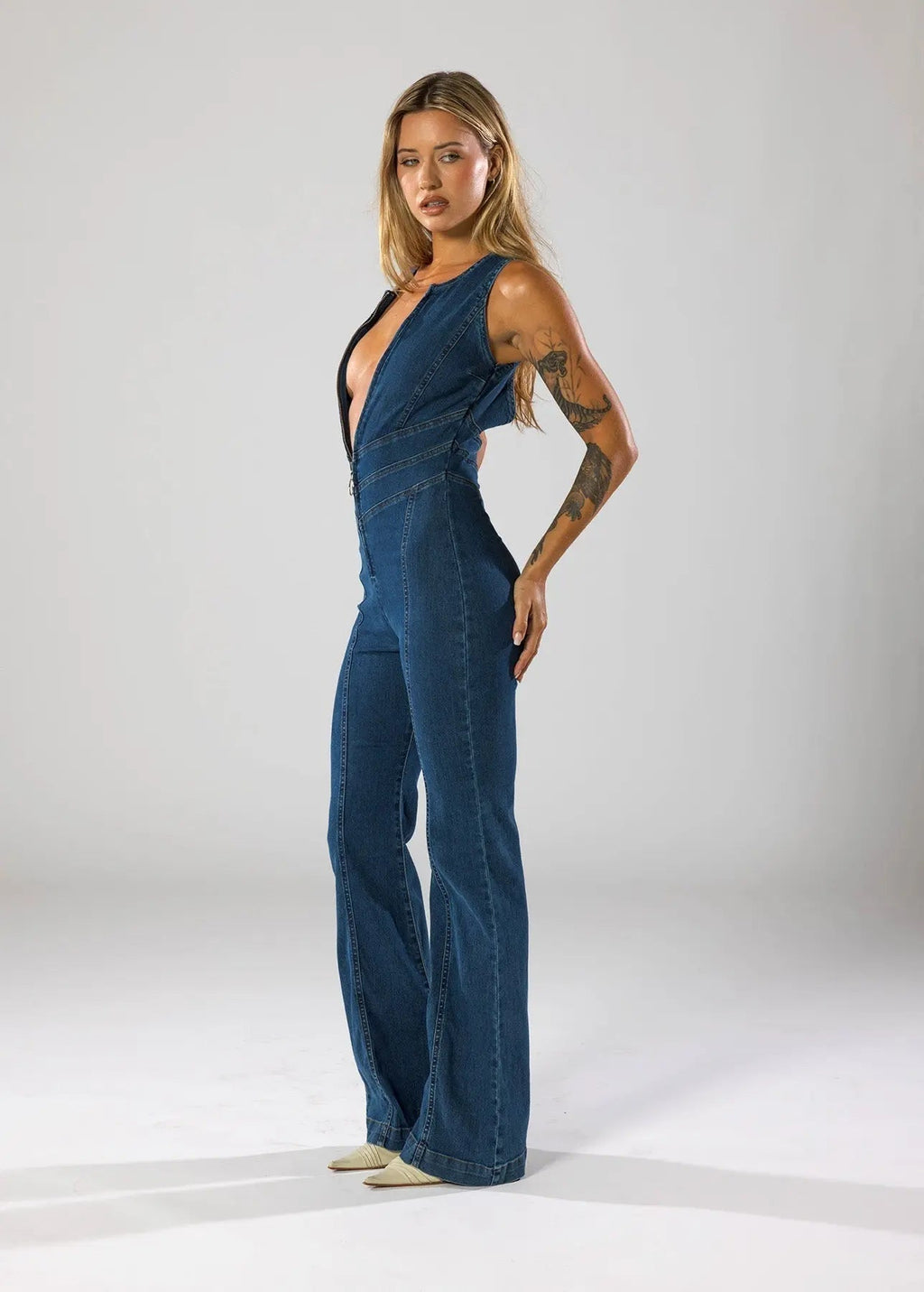 Denim Flare Leg Jumpsuit Women Sleeveless Deep V-Neck