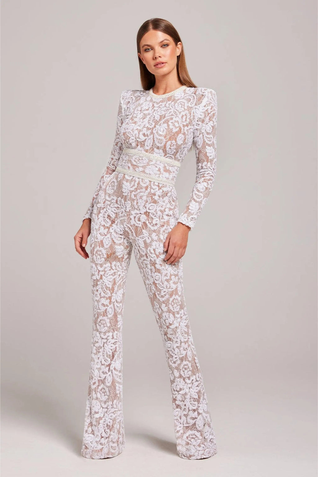 Lace Long Sleeve Jumpsuit Women Floral Flared Leg Ivory Black