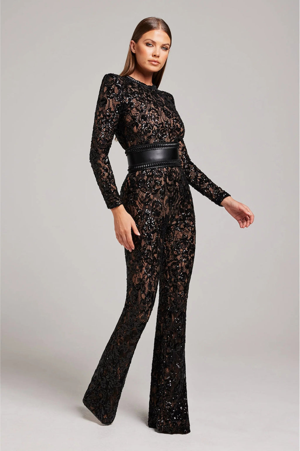 Lace Long Sleeve Jumpsuit Women Floral Flared Leg Ivory Black