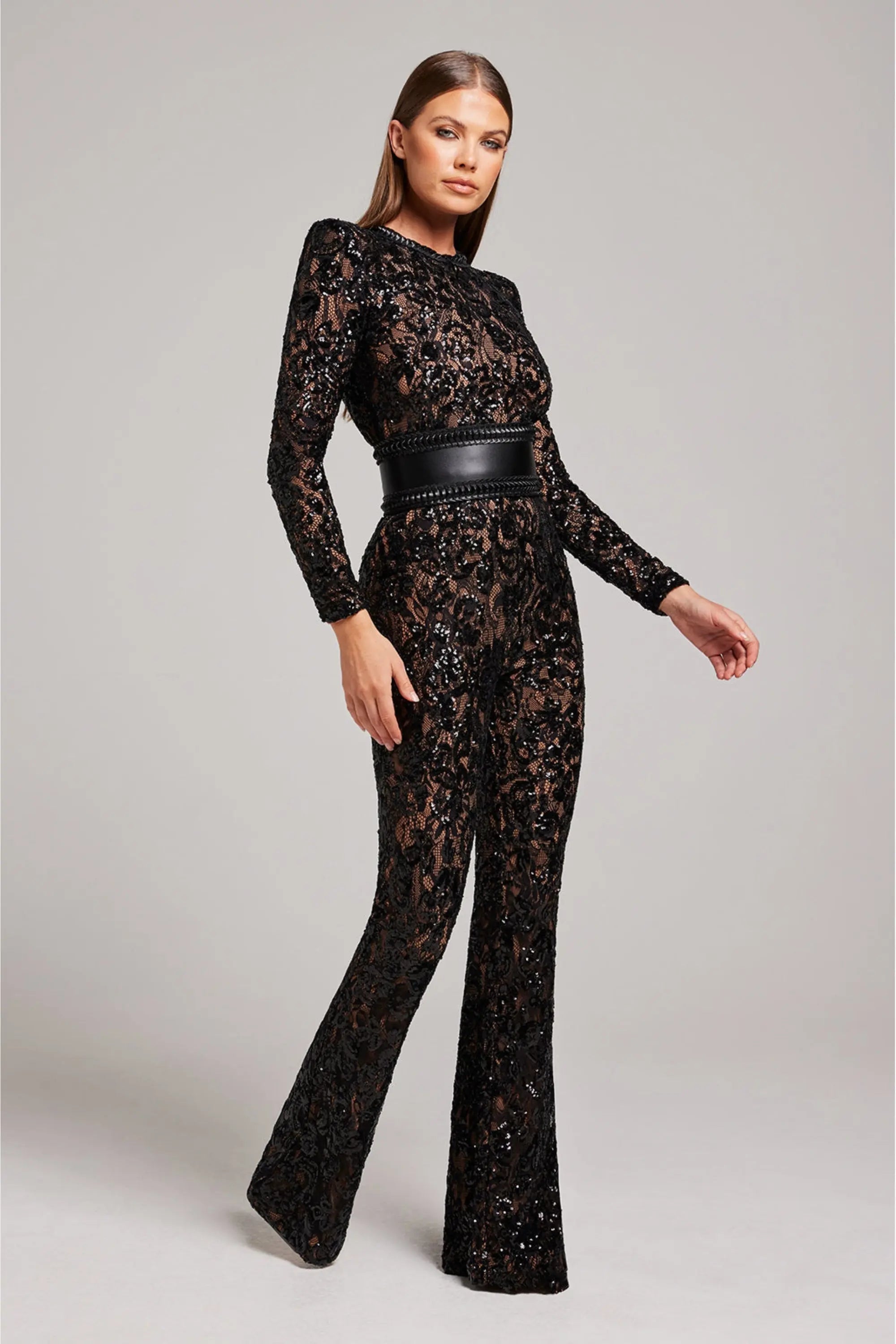 Lace Long Sleeve Jumpsuit Women Floral Flared Leg Ivory Black