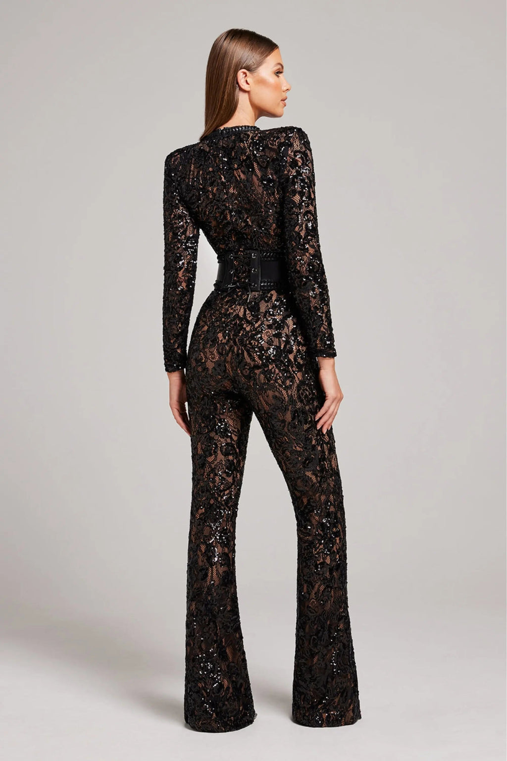 Lace Long Sleeve Jumpsuit Women Floral Flared Leg Ivory Black