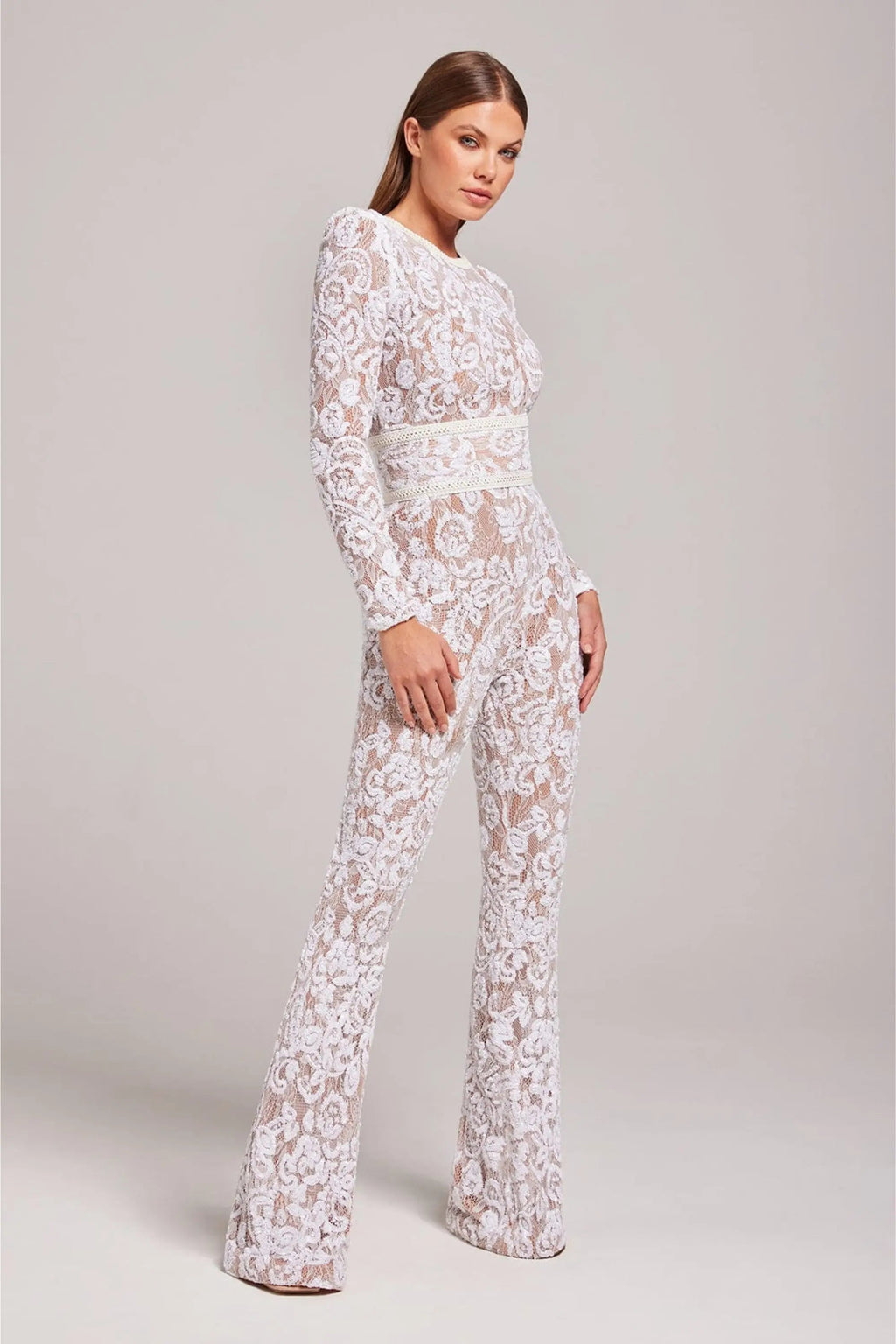 Lace Long Sleeve Jumpsuit Women Floral Flared Leg Ivory Black