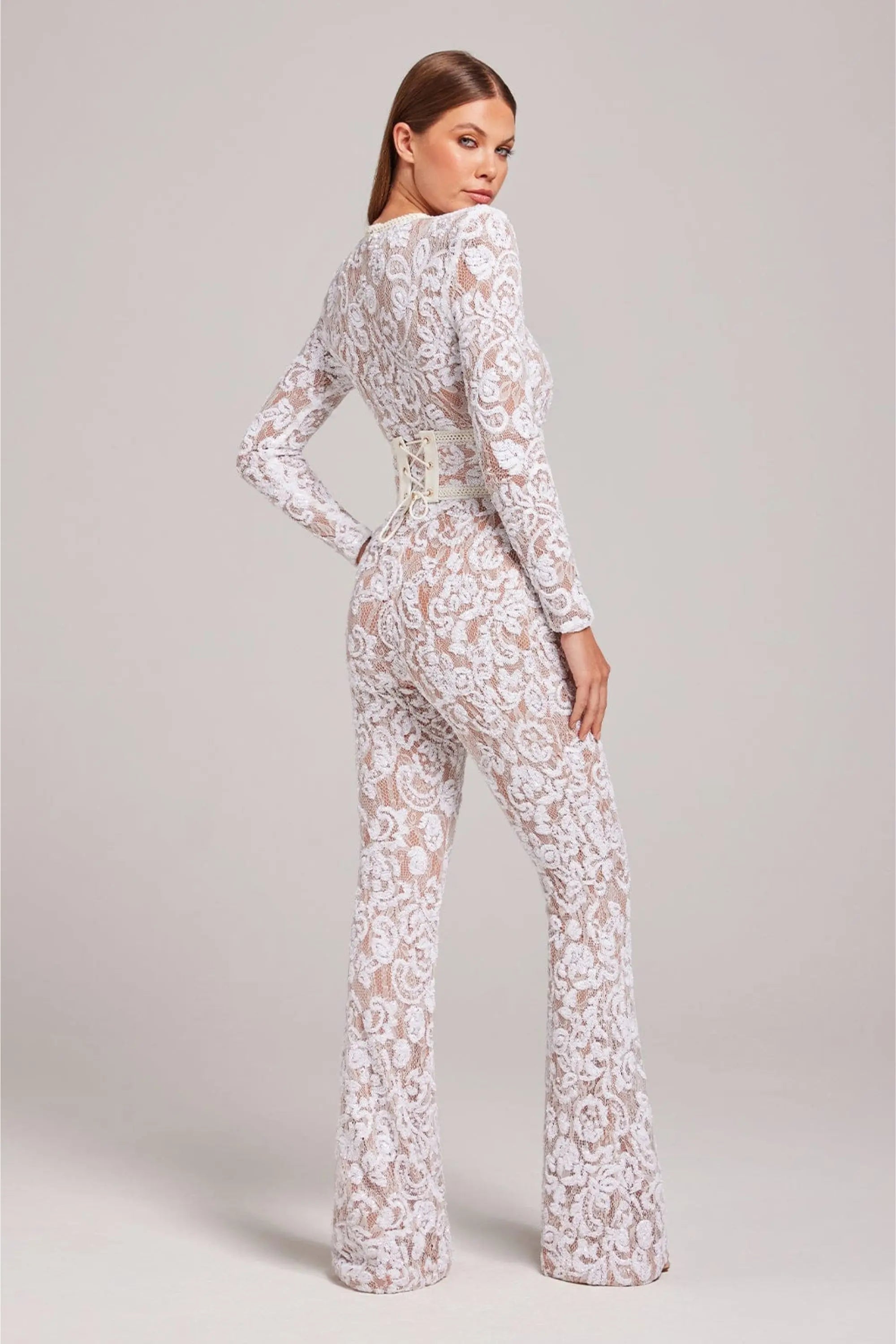 Lace Long Sleeve Jumpsuit Women Floral Flared Leg Ivory Black