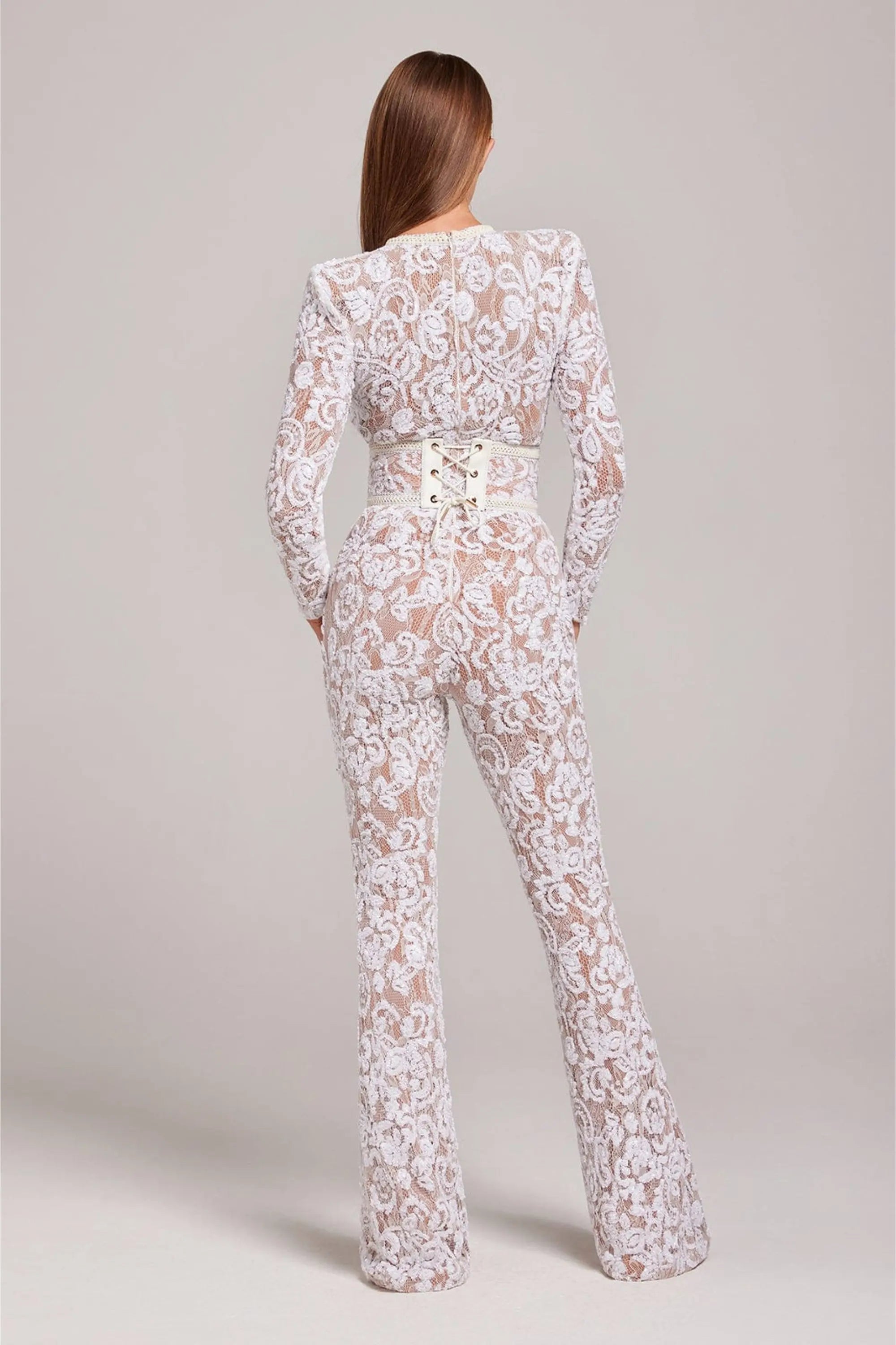 Lace Long Sleeve Jumpsuit Women Floral Flared Leg Ivory Black