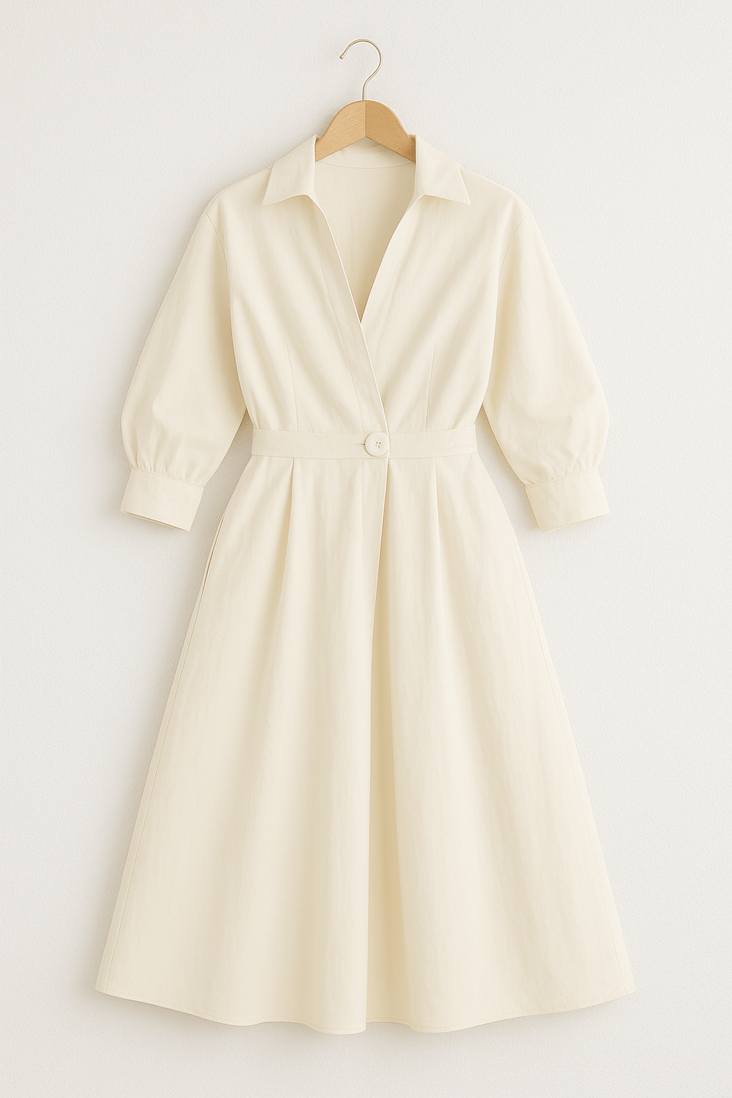 Wrap Collar Midi Dress Women Three-Quarter Sleeves Pleated Skirt