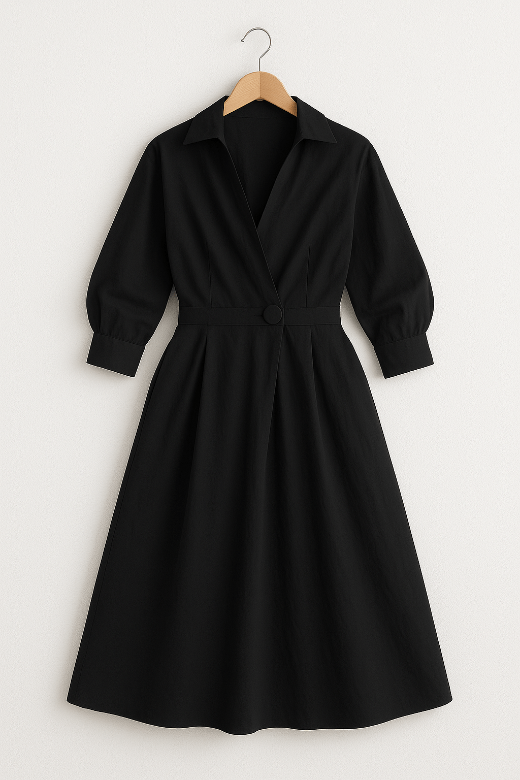 Wrap Collar Midi Dress Women Three-Quarter Sleeves Pleated Skirt