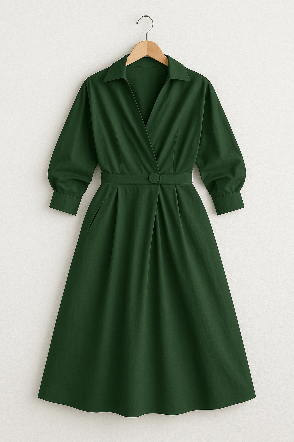 Wrap Collar Midi Dress Women Three-Quarter Sleeves Pleated Skirt
